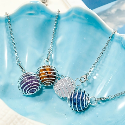 Natural Crystal Gemstone Spiral Cage Pendant Necklace Alloy Silver Tone Chain Healing Stone Bohemian Style Women