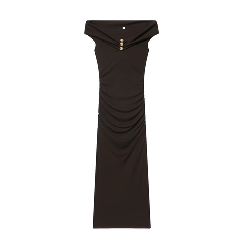Elegantes Schulterfreies Gerafftes Maxikleid Für Damen Eng Anliegendes Elastisches Langes Kleid Mit Goldknöpfen