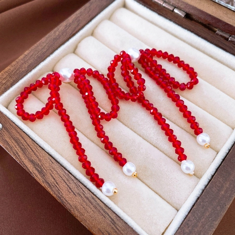 Strik Drop Oorbellen Met Rood Kunstkristal En Imitatieparel Met Zilveren Oorbelpost Vintage Voor Vrouwen