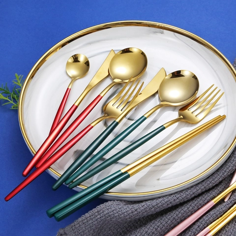 304 Stainless Steel Flatware Knife Fork Spoon Chopsticks Portuguese Style Mirror Polished Colorful Kitchen Tableware