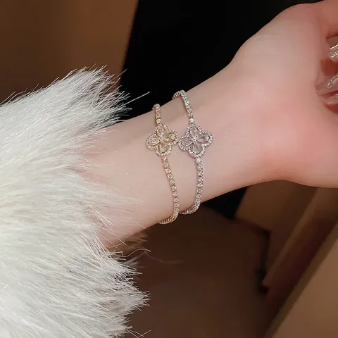 Bracciale Quadrifoglio Fiore Rame Con Intarsio Di Zircone Placcato Oro Reale Catena Tennis Gioielli Eleganti
