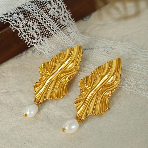 French Style Titanium Steel Freshwater Pearl Drop Earrings Gold Geometric Irregular Leaf Earrings Women Fashion Jewelry