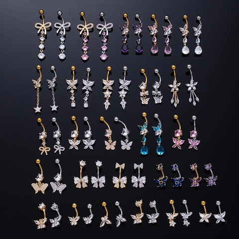 Copper Zirconia Butterfly Navel Ring For Women Western Style Tassel Heart Flower Piercing Belly Ring Stainless Steel Post Jewelry