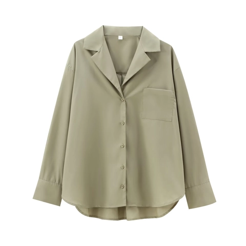 Women Long Sleeve Blouse Satin Texture Lapel Collar Button Down Solid Color Casual Elegant Shirt With Chest Pocket