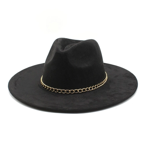 Sombrero Fedora De Ala Ancha Gamuza Cadena De Metal Dorado Sombrero De Jazz Vintage Elegante Para Hombres Mujeres Ajustable