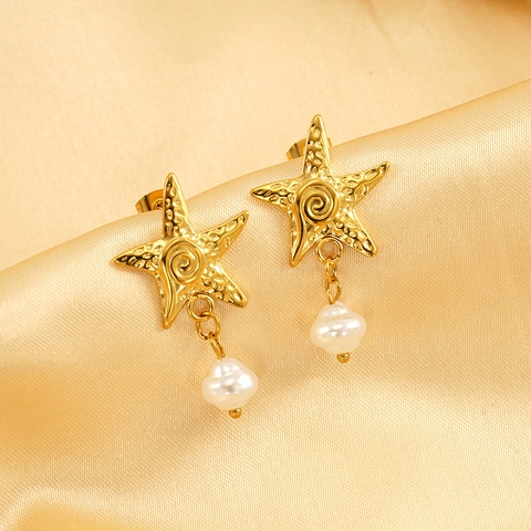 Starfish Stud Earrings With Imitation Artificial Pearl 18K Gold Plated 304 Stainless Steel Textured Marine Style For Women