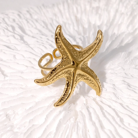 Starfish Ring Textured Stainless Steel 18K Gold Plated Adjustable Open Finger Jewelry For Women Beach Style