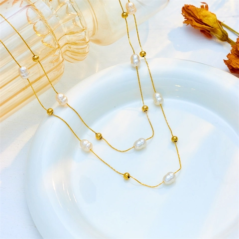 Double Layer Necklace Titanium Steel Irregular Artificial Baroque Pearl Gold Bead Minimalist Vintage Elegant Jewelry For Women
