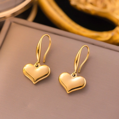 Franse Vintage 3D Hart Hangoorbellen Gepolijst Koper Verguld Goud Hart Oorbellen Voor Vrouwen Elegante Mode Sieraden