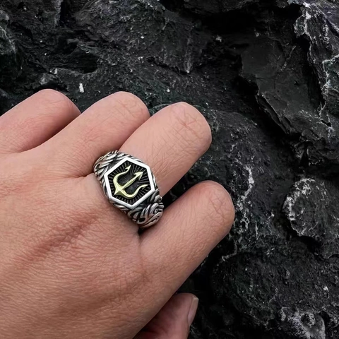 Vintage Trident Ring Alloy Gothic Punk Adjustable Open Men Jewelry Retro Sea God Myth Design Personality Accessory