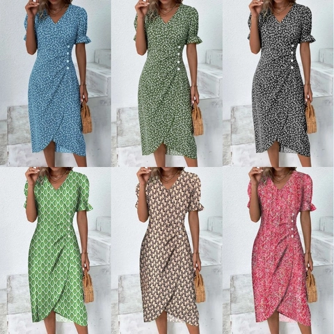 Women's Elegant Geometric Print V-Neck Dress Puff Sleeve Irregular Hem Short Sleeve Slim Fit Polyester Dress Vacation Wear