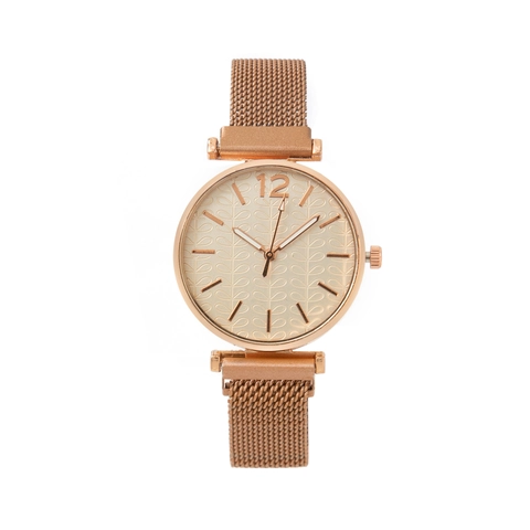 Women Quartz Watch With Magnetic Milanese Mesh Strap Stainless Steel Leaf Pattern Dial Fashion Elegant Wristwatch
