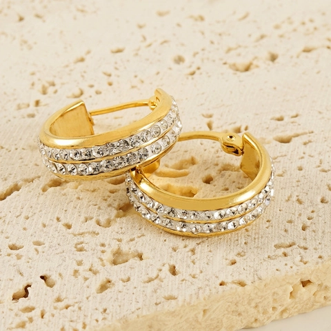 Orecchini A Cerchio Con Strass Placcati In Oro 18K Acciaio Inossidabile Doppia Fila Geometrici Rotondi Gioielli Donna
