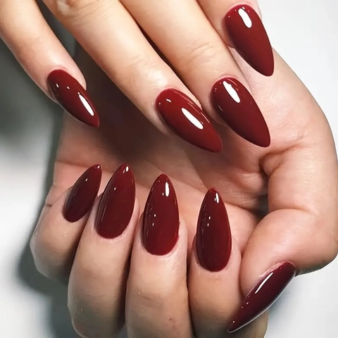 Wine Red Burgundy Almond Press On Nails Glossy Artificial Fake Nails Full Cover Simple Elegant Style For Women Manicure
