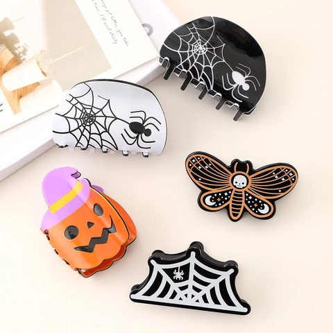 Mollette Per Capelli Halloween Grandi Acetato Clip Squalo Zucca Ragnatela Teschio Falena Goth Retro Accessorio Capelli