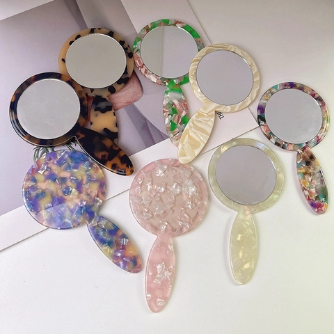 Handheld Makeup Mirror Cellulose Acetate Frame Circular Portable Cosmetic Vanity Tool For Women Vintage Marble Patterns