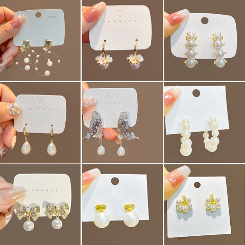 Artificial Pearl Stud Earrings For Women With Silver Earring Post Alloy Rhinestone Butterfly Heart Geometric Flower Vintage Luxury