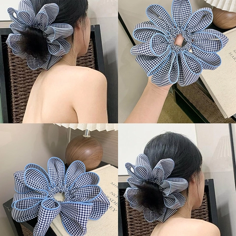 Übergroßes Blumen Haargummi Blau Weiß Gingham Stoff Haarseil Hochelastisch Pferdeschwanz Halter Damen Mädchen Koreanischer Stil