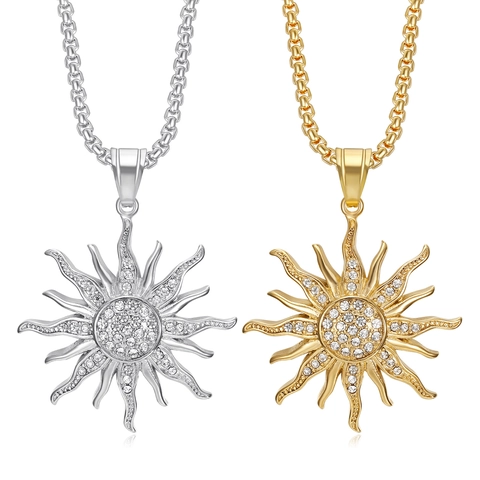 Collar Con Colgante De Girasol Acero Inoxidable Diamantes De Imitación Hip Hop Joyería De Moda Para Hombre Mujer