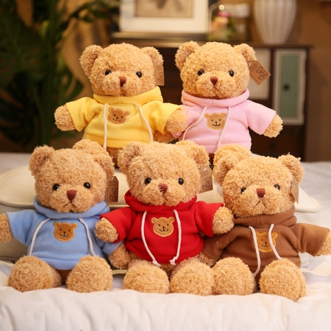 Cute Teddy Bear Plush Toy With Hoodie Embroidered Bear Head Stuffed Animal Soft Hugging Pillow Toy For Kids Birthday Gift