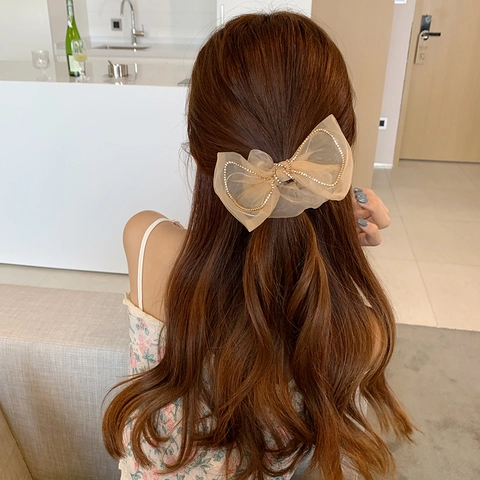 Large Bow Scrunchie Mesh Tulle Rhinestone Beaded Edge Hair Tie Elegant Korean Style Fashion Ponytail Holder For Women