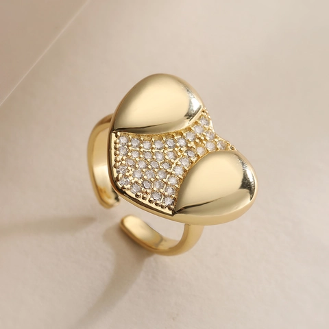 Anillo Abierto Corazón Cerradura Cobre Chapado En Oro De 18K Circonita Micro Pavé Joyería De Moda Ajustable Para Mujer