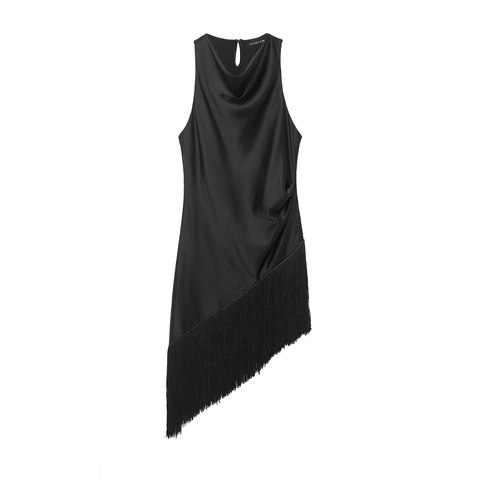 Satijnen Mini Jurk Asymmetrisch Franjes Kwastjes Mouwloos Watervalhals Rugloos Feest Clubwear Elegant Voor Dames Zwart