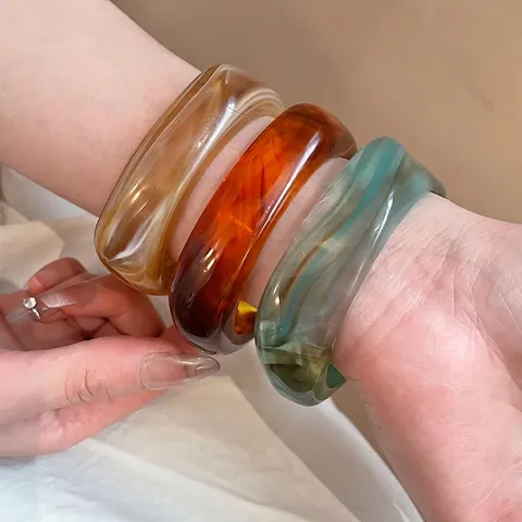 Brazalete Resina Geométrico Irregular Grueso Ancho Acrílico Patrón Mármol Ámbar Estilo Vintage Mujeres Diseño Nicho