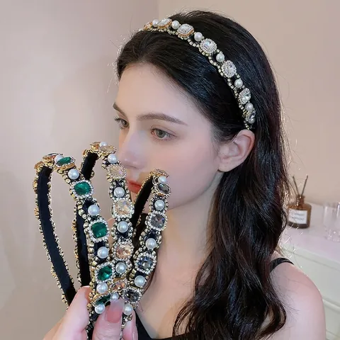 Retro Luxury Headband Artificial Pearl Rhinestone Crystal Alloy Velvet Padded Hair Hoop Accessory For Women Elegant Vintage Style