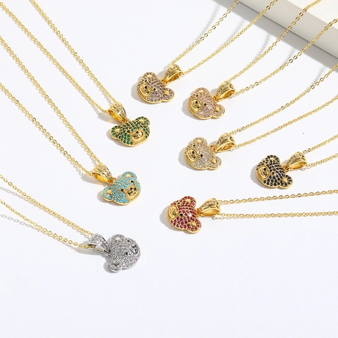 Teddy Bear Head Pendant Necklace Copper Colorful Zircon Pave Iced Out Hip Hop Style Fashion Jewelry For Women