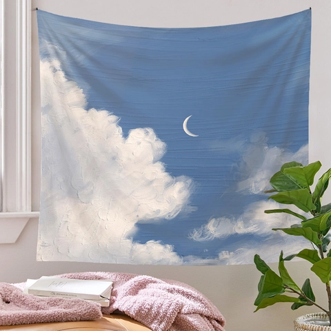 Wandteppich Polyester Ölgemälde Stil Blauer Himmel Weiße Wolken Sichelmond Für Schlafzimmer Wohnzimmer Kunstbehang