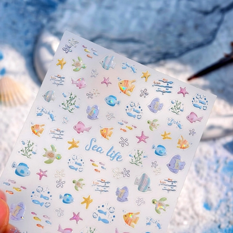 Ocean Theme Nail Art Stickers Sea Life Tropical Fish Starfish Holographic Laser 3D Relief Ultra Thin Decals