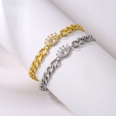 Bracciale Con Ciondolo Occhio In Rame E Strass Per Donna Catena A Maglia Cubana Placcata Oro Argento Gioielli Moda Regalo