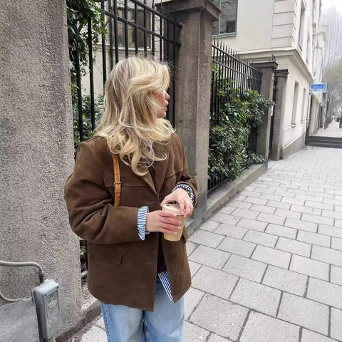 Chaqueta Blazer Vintage De Gamuza Para Mujer Corte Holgado De Gran Tamaño Manga Larga De Un Solo Pecho Solapa Con Bolsillos