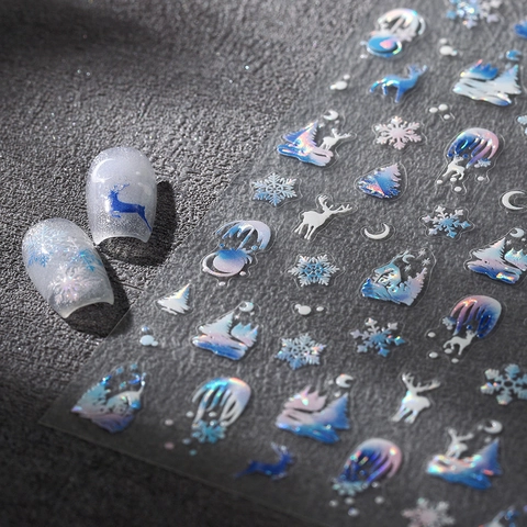 Kerst Nagelstickers Winter Eland Hert Sneeuwvlokken Bomen Laser Holografisch Iriserend Zelfklevend 3D Reliëf DIY Manicure