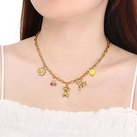 Stainless Steel Necklace With Cherry Strawberry Heart Bear Smiley Face Enamel Rhinestone Pendants Cute Sweet Jewelry For Women