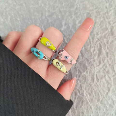 Bunte Emaille Offene Ringe Kupfer Zirkon Verstellbar Herz Schleife Dopamin Stil Schmuck Für Frauen