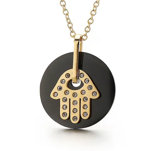 Hamsa Hand Necklace Stainless Steel Round Medallion Pendant Rhinestone Inlaid Jewelry For Women Elegant Simple Style
