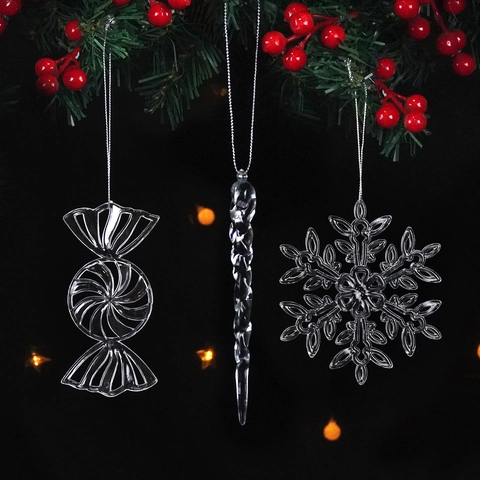 Ornements Suspendus De Noël Acrylique Transparent Flocon De Neige Sucette Glaçon Pour Décoration De Fête Mariage Style Cristal