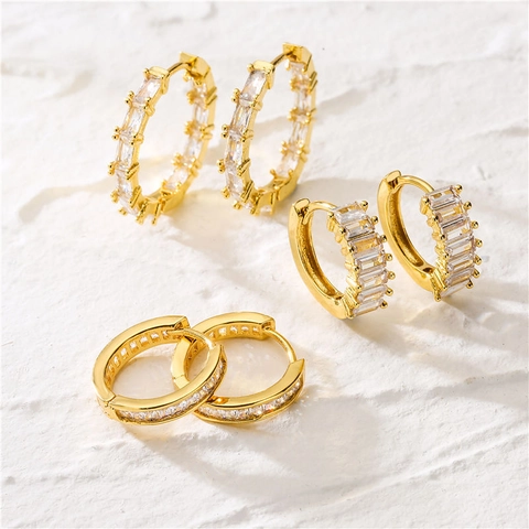 Boucles Oreilles Créoles Zirconium Baguette Cuivre Plaqué Or Géométrique Mode Simple Femmes Bijoux Élégants