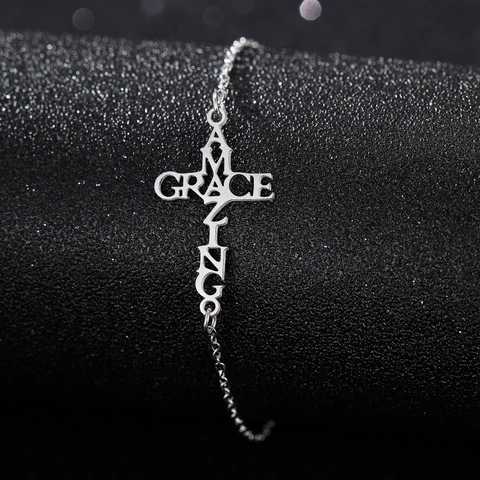 Stainless Steel Cross Heart Bracelet Faith Amazing Grace God Is Good Letter Pendant Polished Chain Unisex Jewelry