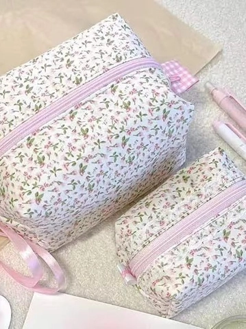 Neceser De Lona Acolchada Estampado Floral Dulce Organizador De Tocador Portátil Estuche De Viaje Para Mujeres