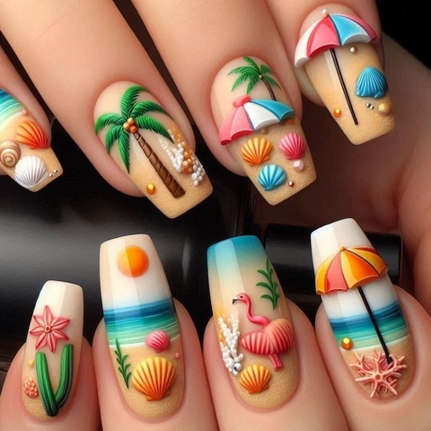Long Square Press On Nails Summer Beach Theme 3D Embossed Fake Nails Palm Tree Shell Decor For Women