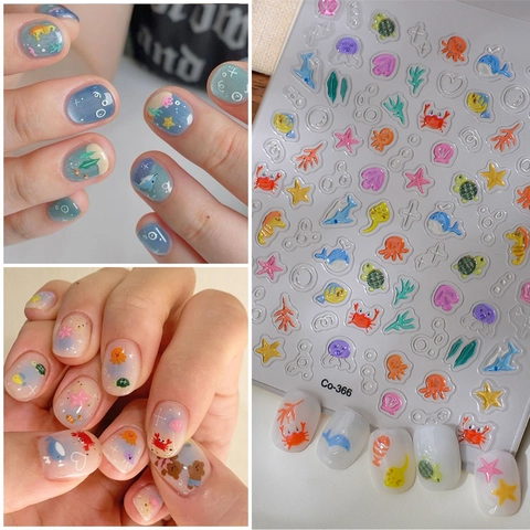 Adesivi Per Unghie Animali Marini 3D Rilievo Estate Cartone Animato DIY Decorazione Manicure Impermeabile Novità