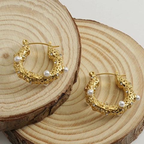 18K Gold Plated Stainless Steel U-Shaped Hoop Earrings With Artificial Pearl Rhinestone Retro Fashion Jewelry For Women