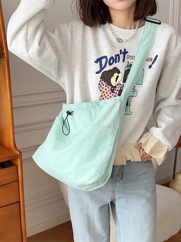 Large Capacity Polyester Shoulder Bag Drawstring Multi Pocket Crossbody Tote Daily Casual Commuting For Women