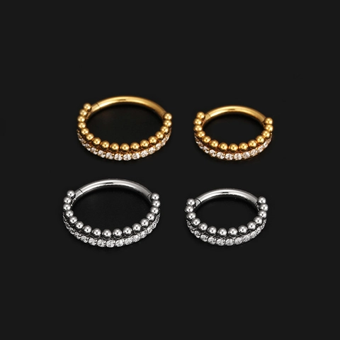 Stainless Steel Hinged Segment Ring With Cubic Zirconia And Beads For Septum Ear Cartilage Piercing Jewelry