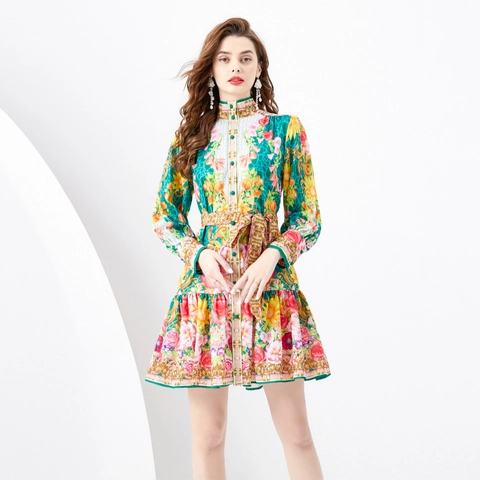 Floral Print Chiffon Minikleid Stehkragen Laternenärmel Grün Vintage Barock Elegantes Gürtelkleid Für Damen