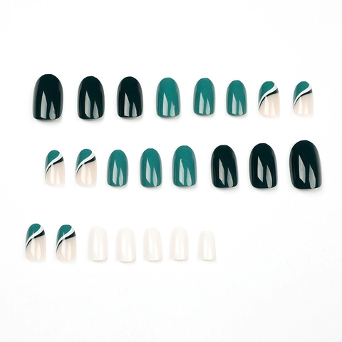 Uñas Postizas Press On Verde Blanco Diseño Francés Brillante Desmontable Ovaladas Para Mujeres Elegante Minimalista Manicura