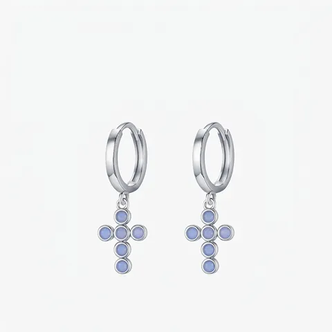 925 Sterling Silver Cross Hoop Earrings For Women With Round Blue Opal Pendant Minimalist Elegant Fashion Jewelry
